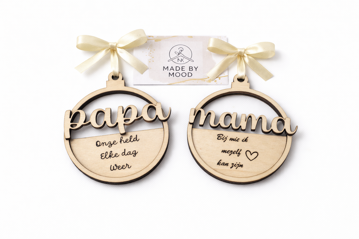Houten kerstbalhanger 'papa/mama'