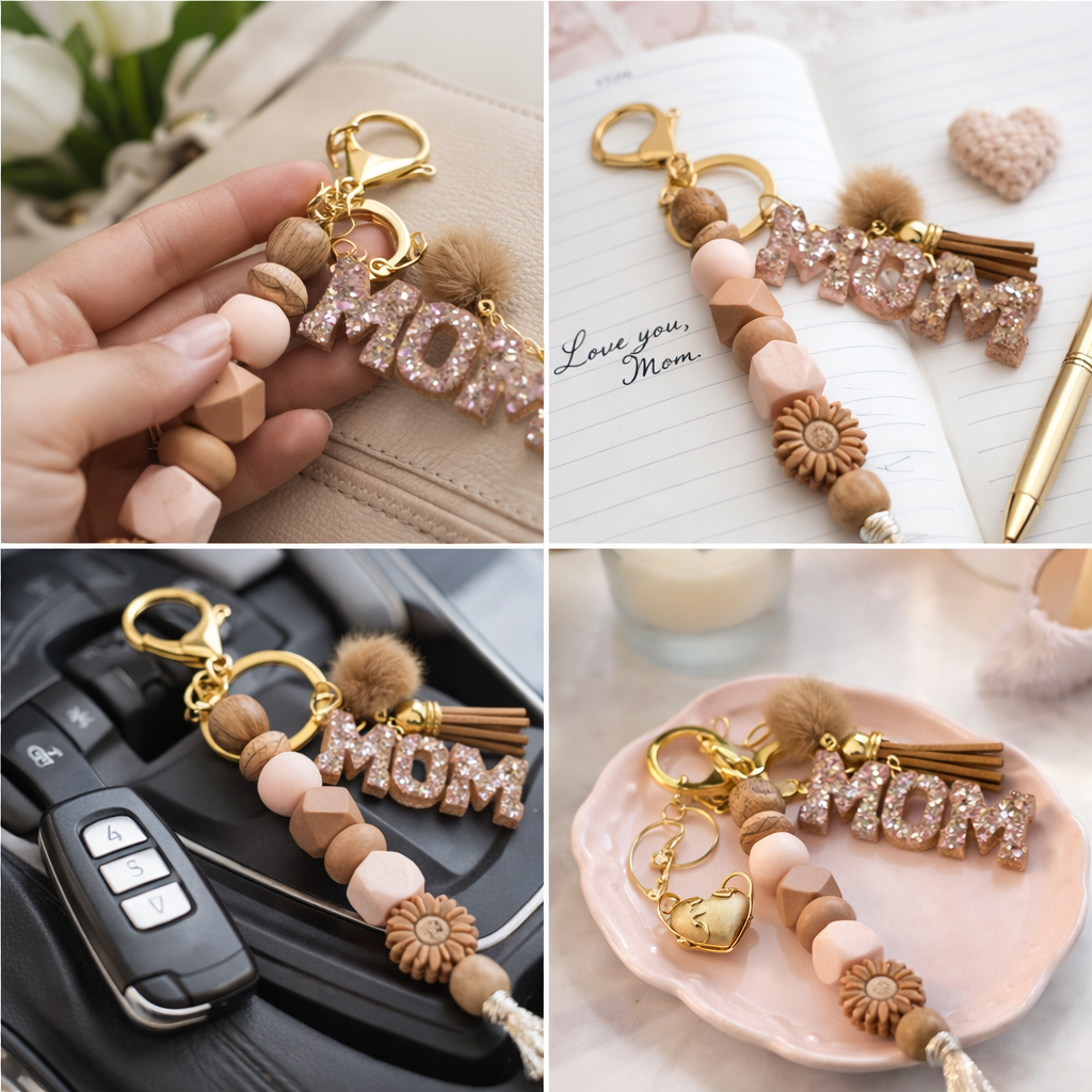Sleutelhanger MOM met kralen